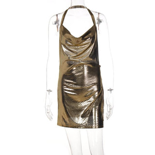 Halter cowl neck metallic high slit backless mini dress