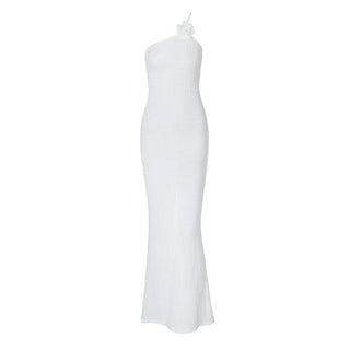 Flower applique one shoulder textured slit cami maxi dress