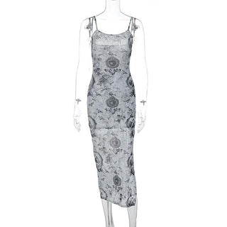 Slit contrast print sheer mesh see through u neck cami midi dress