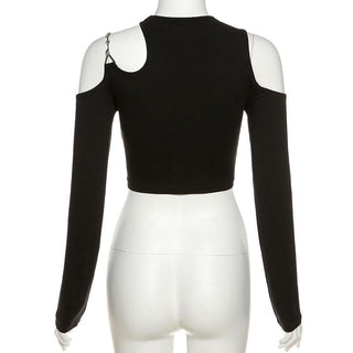 Long sleeve off shoulder metal chain crewneck solid crop top