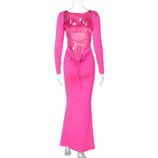 Long sleeve backless lace up ruched solid maxi dress