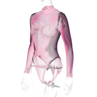 Sheer mesh see through body print high neck long sleeve bodysuit