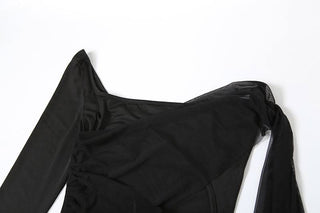 Long sleeve mesh patchwork hollow out jumpsuit