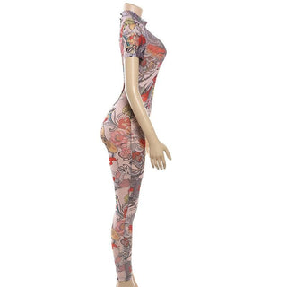 Short sleeve button print backless sheer mesh jumpsuit
