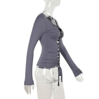 Long sleeve hollow out v neck self tie solid cut out top