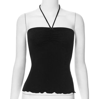 Halter sweetheart neck ruched bowknot ruffle top