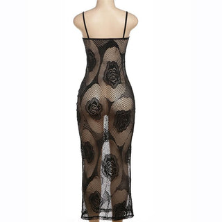 Rose pattern fishnet see through cami midi dress
