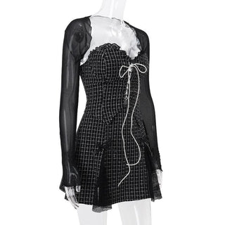 Long sleeve mesh plaid bowknot lace up shrug 2 piece mini dress