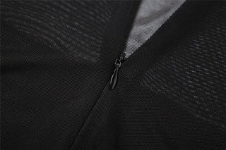 Long sleeve crewneck mesh patchwork zip-up romper