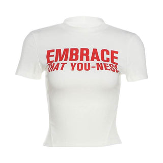 Crewneck short sleeve "EMBRACE" pattern crop top