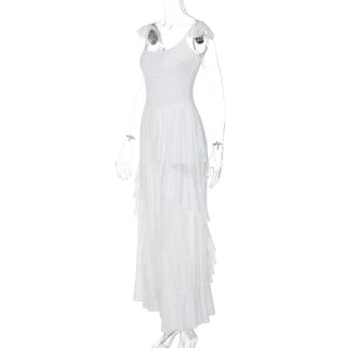 Ruched ruffle square neck sheer mesh cami maxi dress
