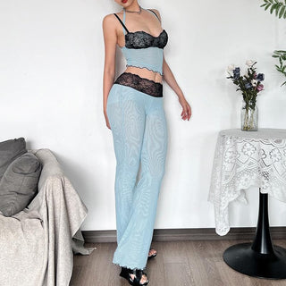 Lace mesh ruffle sweetheart neck cami pant set