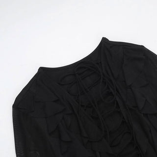 Long sleeve lace up ruffle self tie mesh mini dress