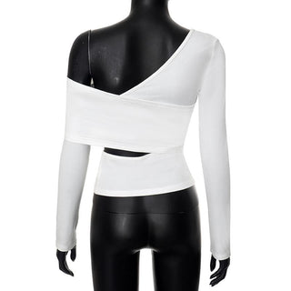 Long sleeve one shoulder hollow out solid irregular backless cut out top