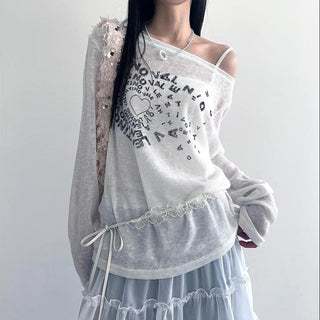 Long sleeve off shoulder letter print top