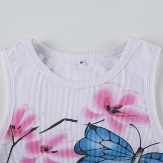 Round neck butterfly print ribbed tank top
