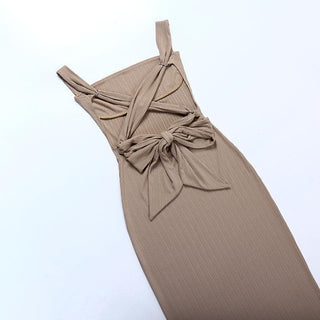 Textured lace up knotted solid midi cami dress