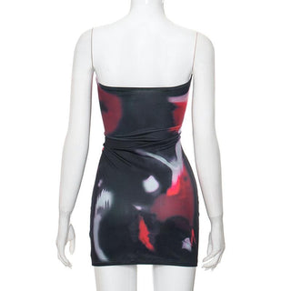 Ruched print contrast backless abstract tube mini dress