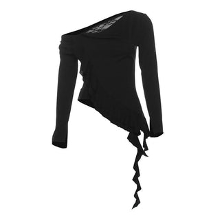 One shoulder long sleeve ruched ruffle lace hem top