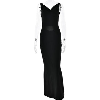 Cowl neck solid backless ruched hollow out cut out maxi dress