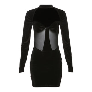 Long sleeve high neck velvet patchwork mesh mini dress