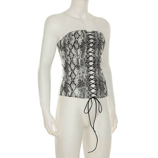 Snakeskin print corset lace up tube top