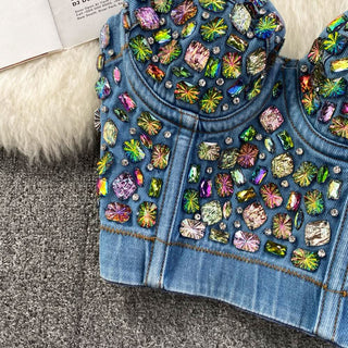 Sweetheart neck padded denim beaded cami top