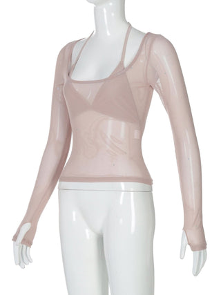 Halter v neck long sleeve mesh 2 piece top