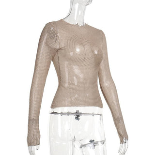 Long sleeve sheer mesh beaded crewneck top