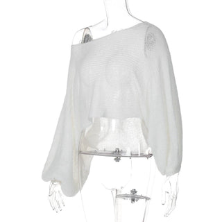 Long puff sleeve knitted one shoulder see through top