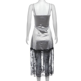 U neck button high slit lace hem patchwork cami top