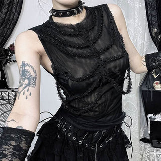 Sleeveless crewneck mesh beaded top