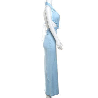 Halter deep v neck ruched backless maxi dress