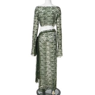 Long sleeve lace see through irregular maxi skirt set