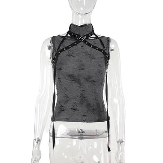 Sleeveless high neck buckle patchwork top