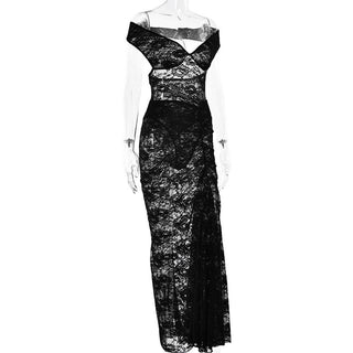 Off shoulder lace backless see through maxi skirt set