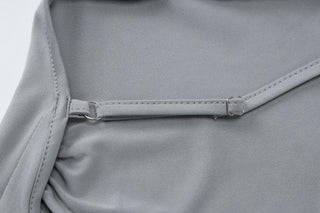 Cowl neck slit ruched cross back midi dress