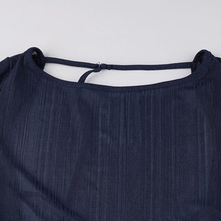 Self tie backless round neck long sleeve textured top