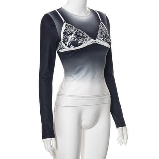 Long sleeve body print gradient crewneck contrast top