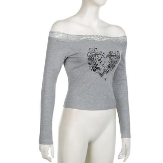 Long sleeve off shoulder ribbed heart pattern lace hem top