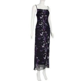 Butterfly print lace hem slit mesh cami maxi dress