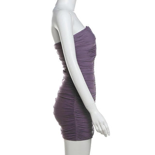 V neck ruched solid mesh tube mini dress
