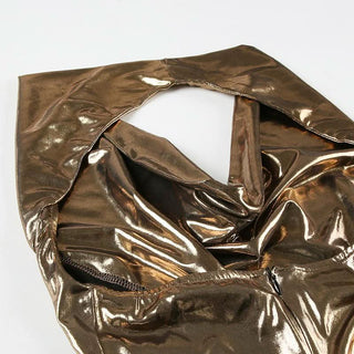 Halter cowl neck metallic backless mini dress