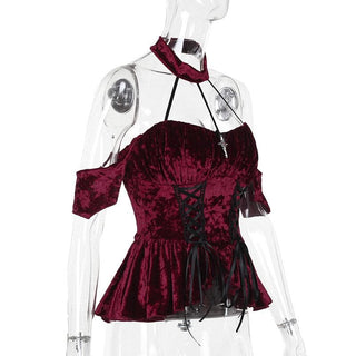 Halter velvet cross applique lace up top