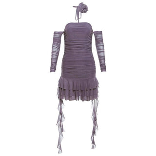 Long sleeve sheer mesh flower applique mini dress