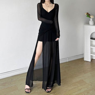 V neck long sleeve slit mesh maxi dress