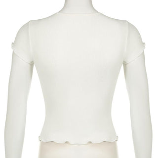 Short sleeve v neck ruffle lace hem ribbed top