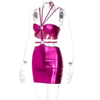 Metallic o ring halter self tie backless hollow out cut out mini dress