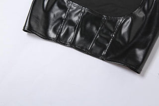 Halter PU leather buckle zip-up stitch solid top