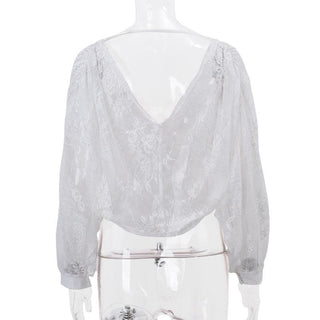 Long puff sleeve lace see through flower applique backless crop top